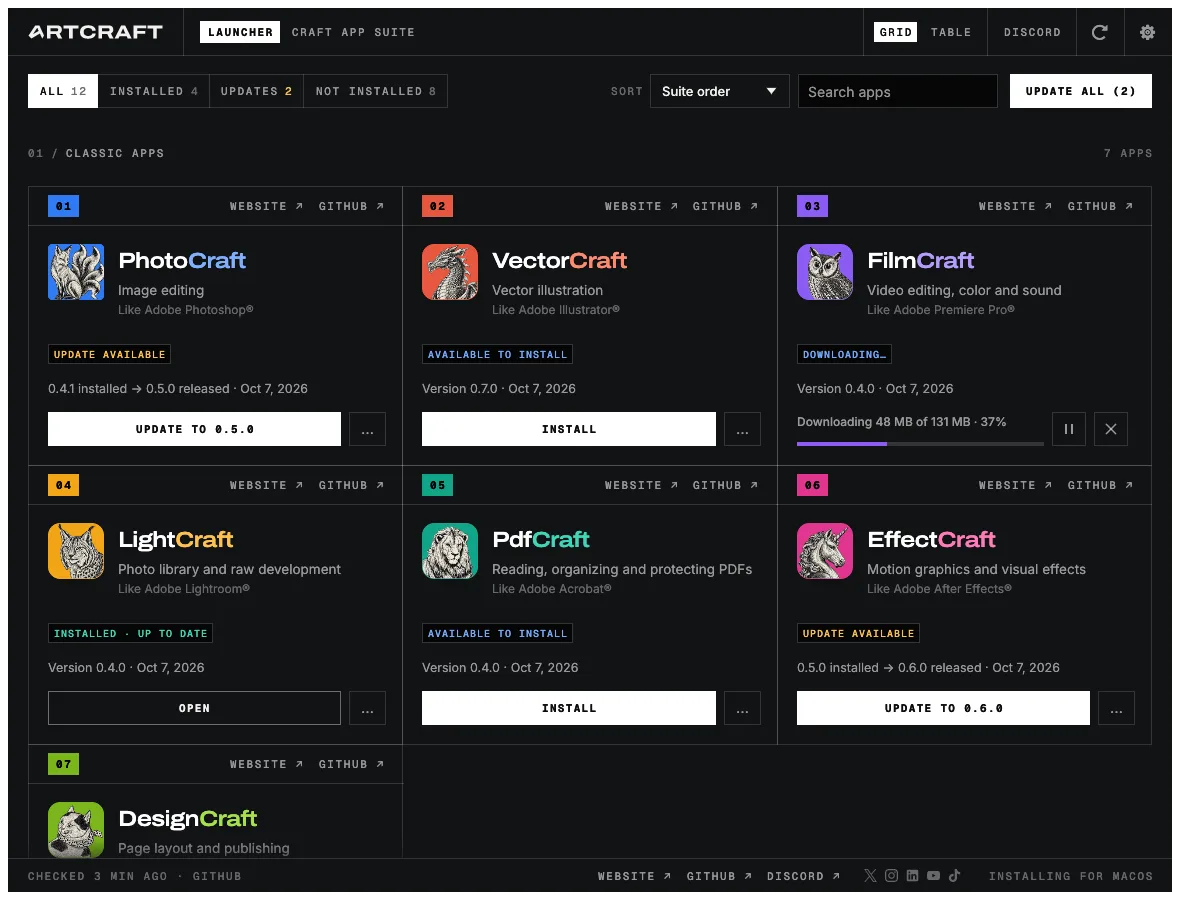 ArtCraft Launcher on macOS in the grid view: a card for each Craft app with its icon, status, version and an Install, Update or Open button