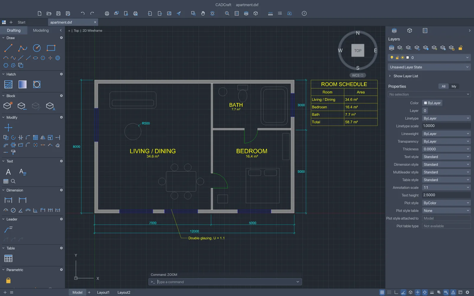 CADCraft drafting an apartment floor plan in model space: walls, doors, furniture, room labels with areas, a room schedule table and dimensions, with the Draw and Modify palettes on the left and Layers and Properties on the right
