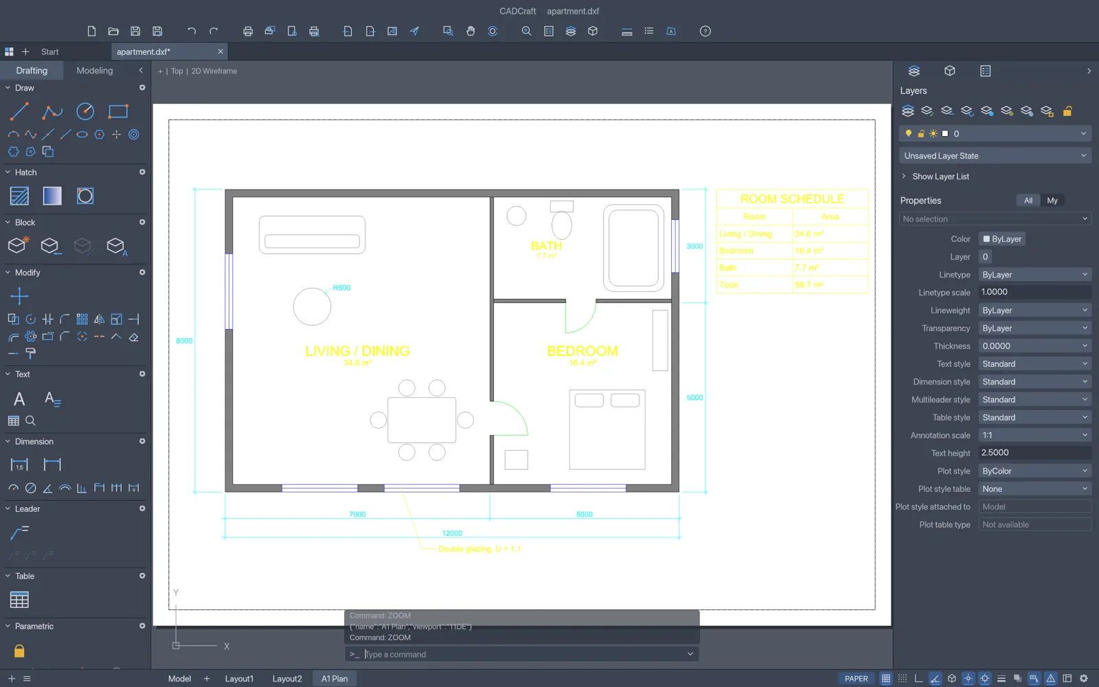 The same apartment plan on an A1 paper-space layout in CADCraft, framed by a viewport and ready to plot