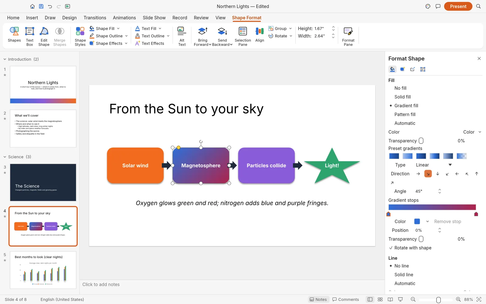 The DeckCraft Format Shape pane editing a gradient fill on a shape