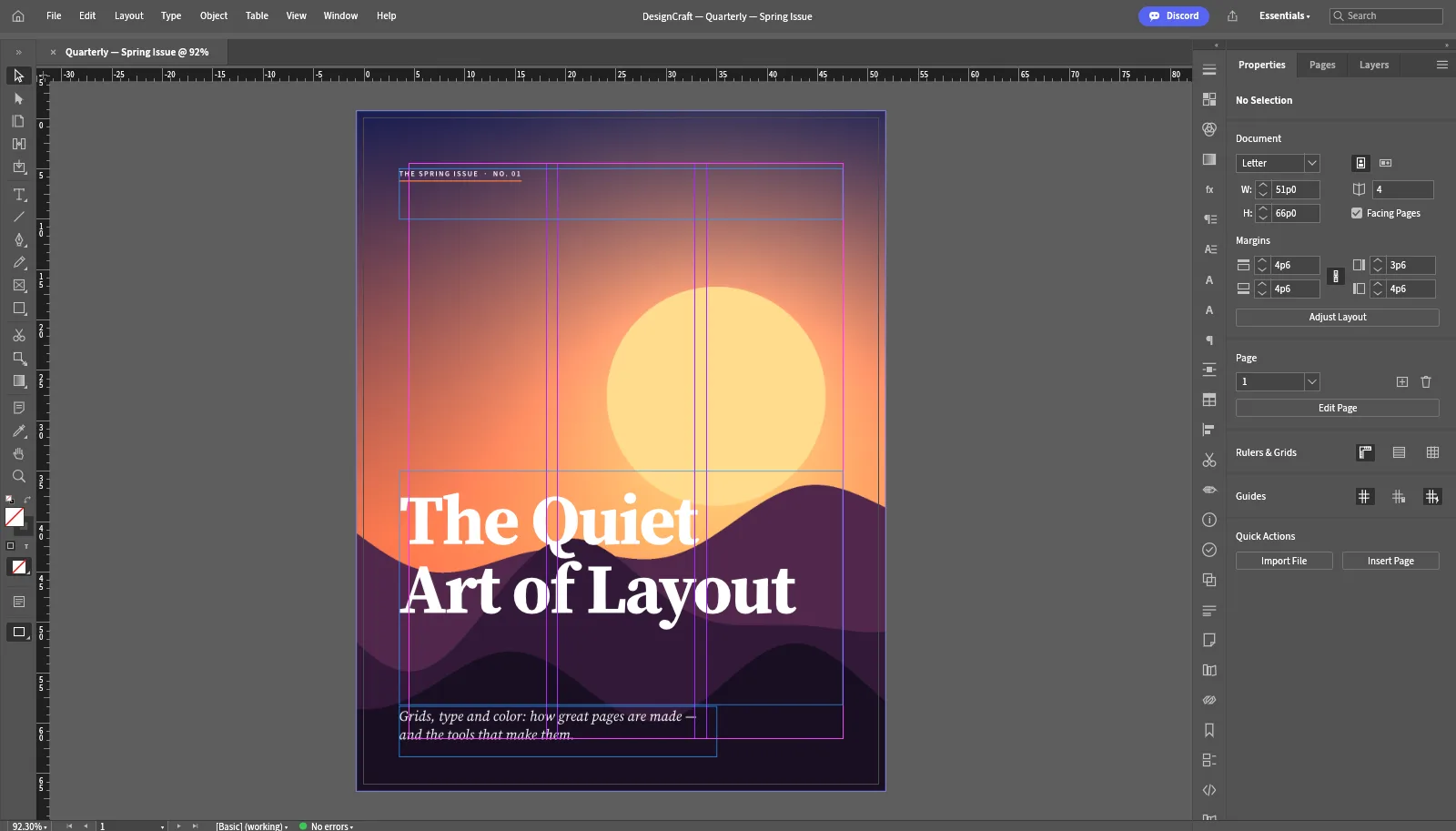 DesignCraft in the browser with the cover of the sample magazine, The Quiet Art of Layout, its frames and guides, and the Document panel