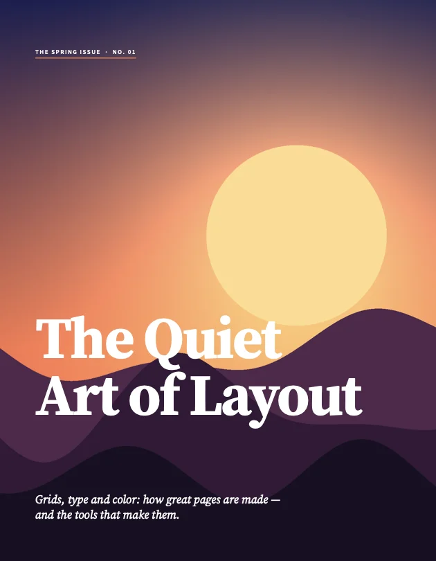Page 1 of the PDF exported by DesignCraft, rendered by macOS: the sunset cover with the title The Quiet Art of Layout