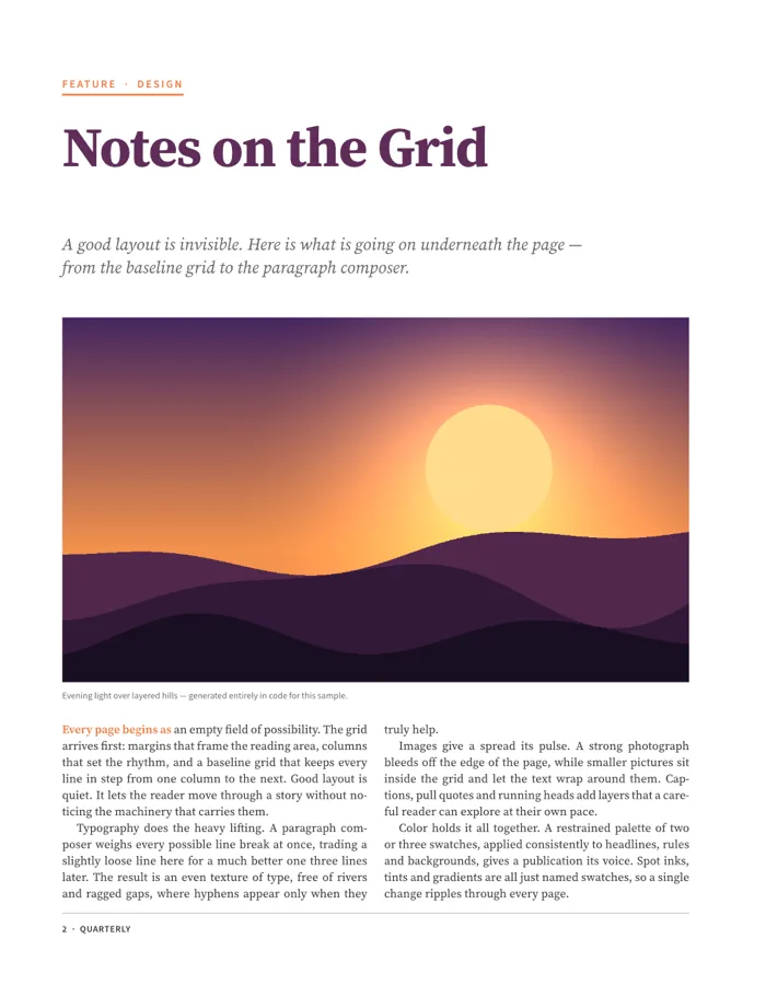 Magazine page set in DesignCraft: Notes on the Grid, with a standfirst, a sunset image and two columns of justified text