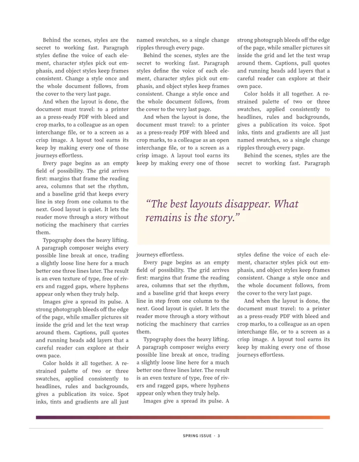 Magazine page set in DesignCraft: three columns of threaded text with a pull quote, The best layouts disappear, wrapped in the middle