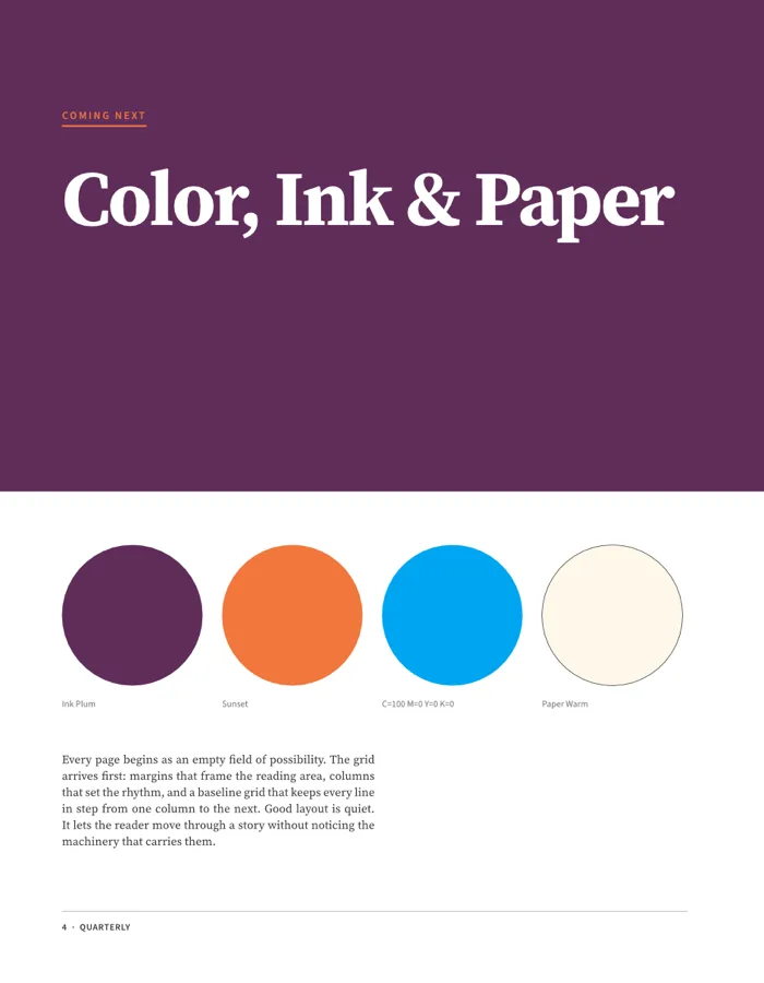 Magazine page set in DesignCraft: Color, Ink & Paper, with four swatch circles and a paragraph of body text