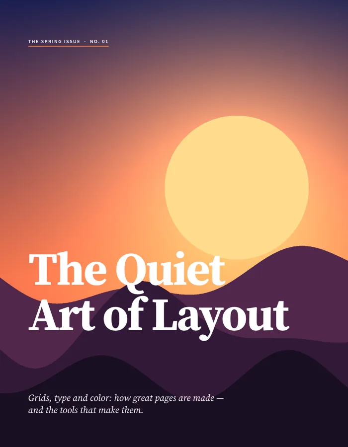 Magazine cover set in DesignCraft: The Quiet Art of Layout over a sunset and dark hills