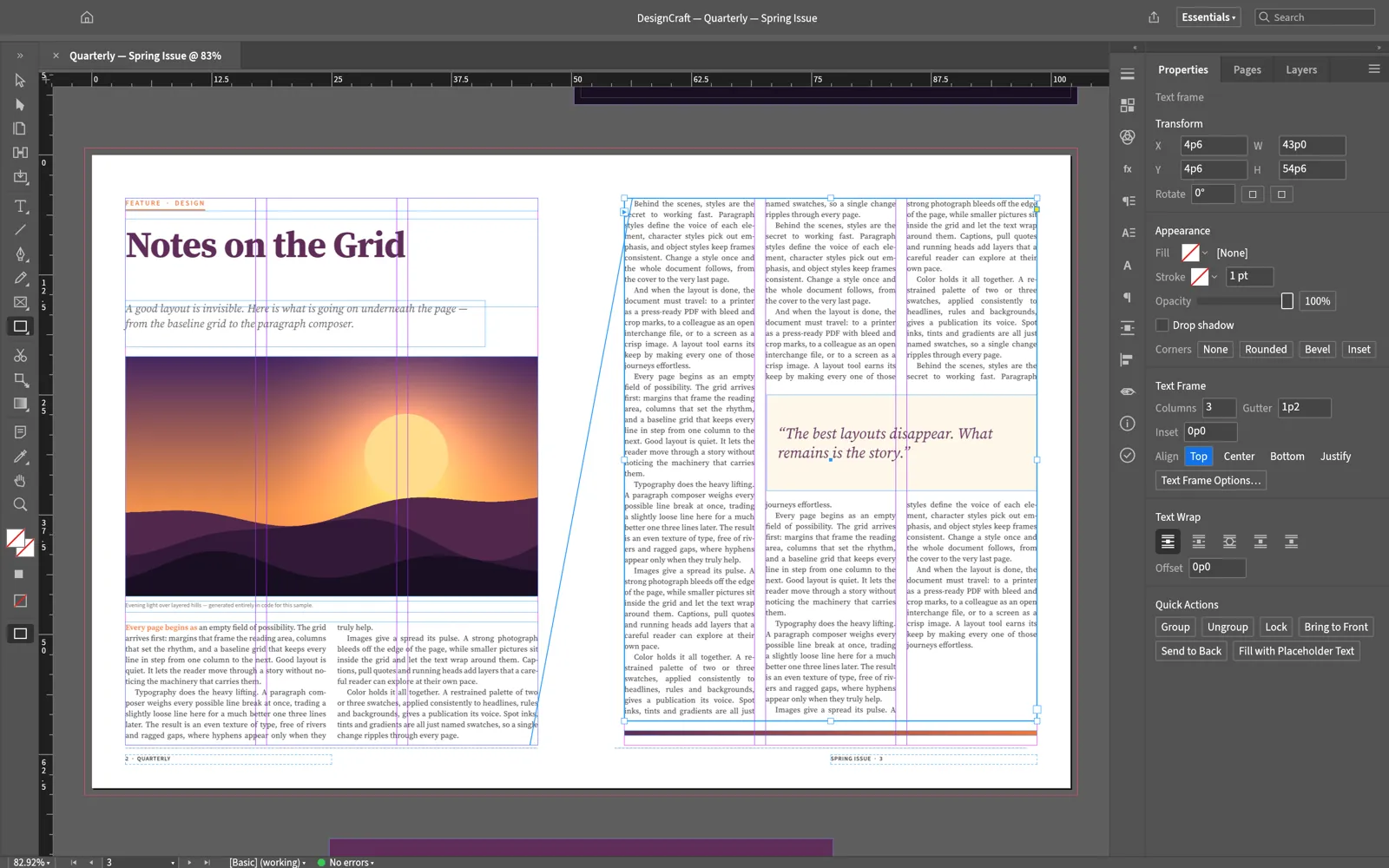 DesignCraft showing a two-page magazine spread, Notes on the Grid, with threaded three-column text, a wrapped pull quote, frame edges and the Properties panel
