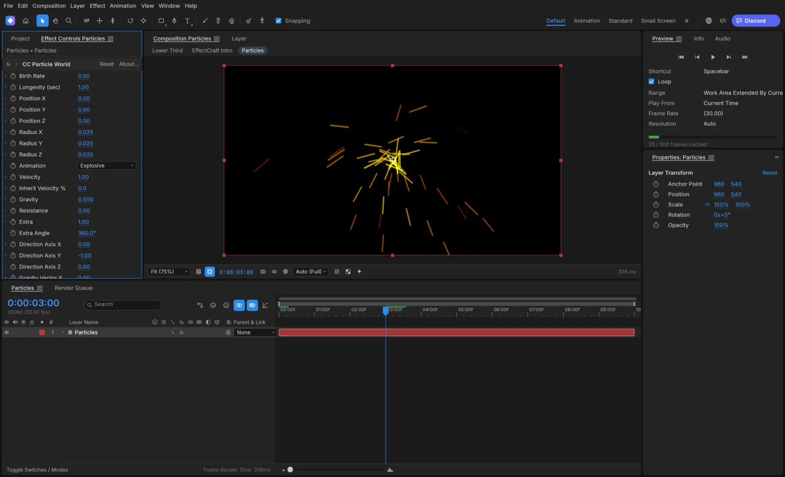 A CC Particle World burst with Glow in EffectCraft, and the Effect Controls panel listing the particle system parameters