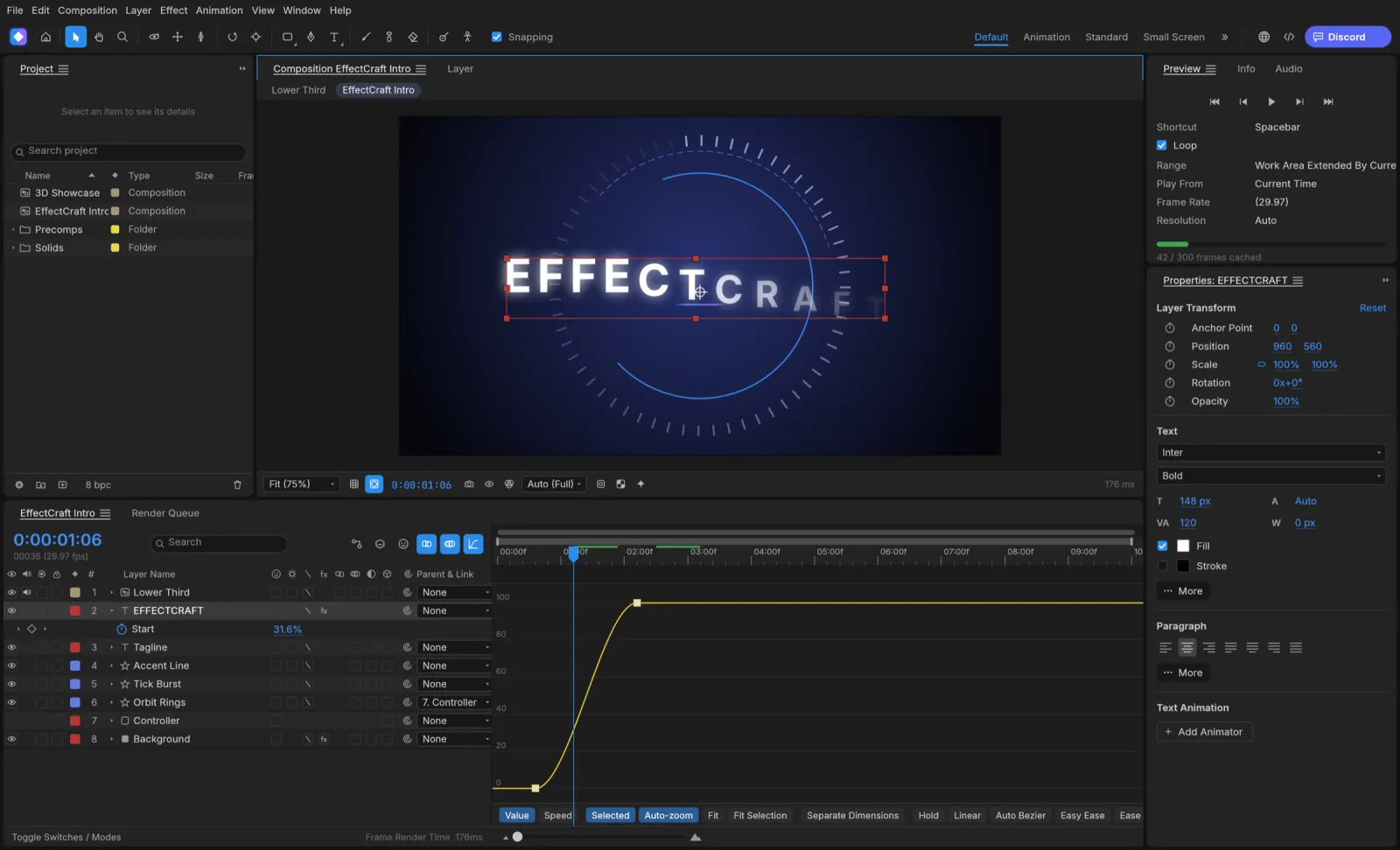 The EffectCraft Graph Editor showing an eased value curve for a text animator Range Start