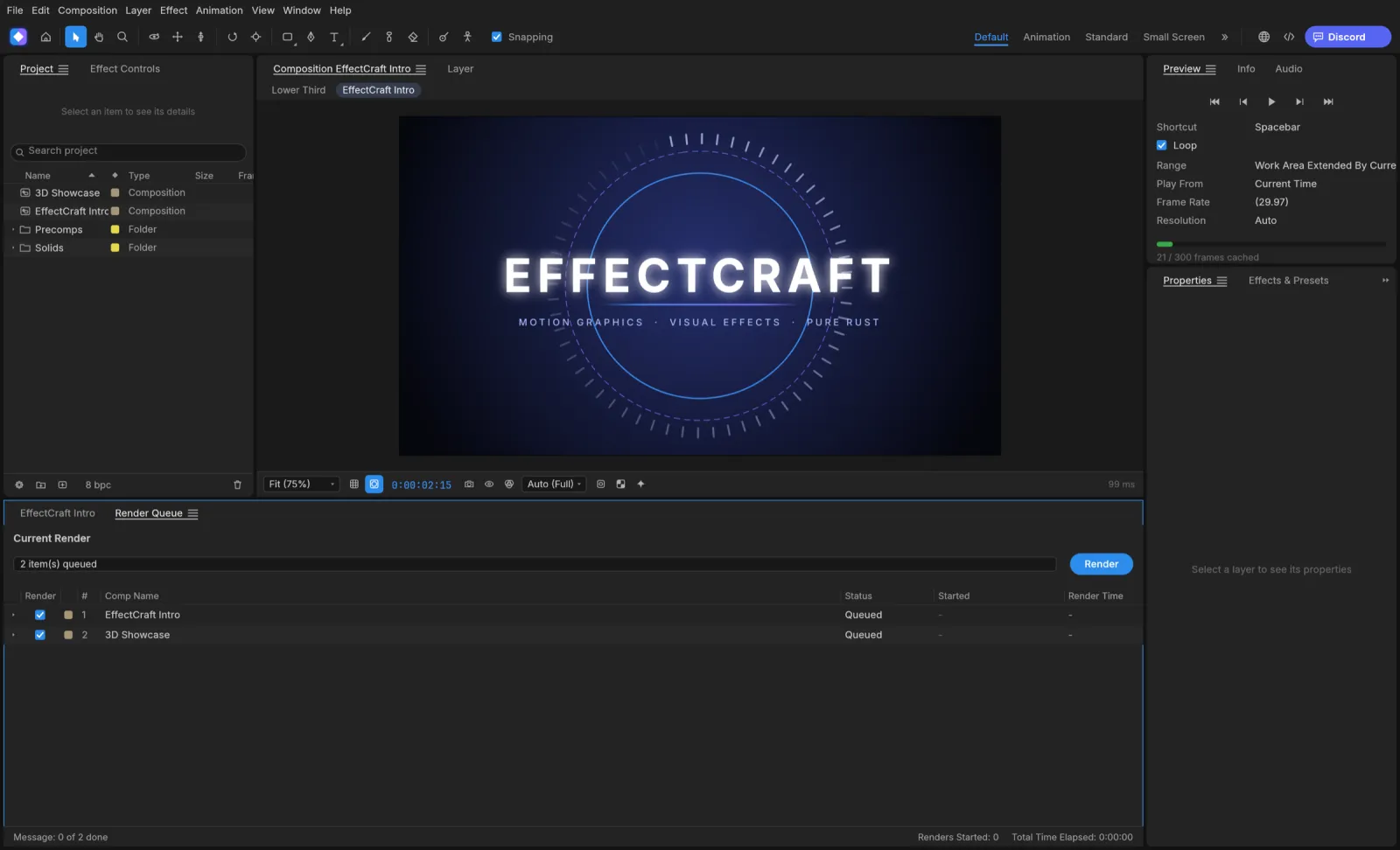 The EffectCraft Render Queue panel with two compositions queued