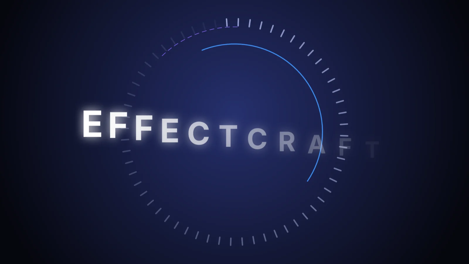 EffectCraft render of its demo intro at 0.9 seconds: the EFFECTCRAFT title letters flying in one by one while a blue ring draws around them