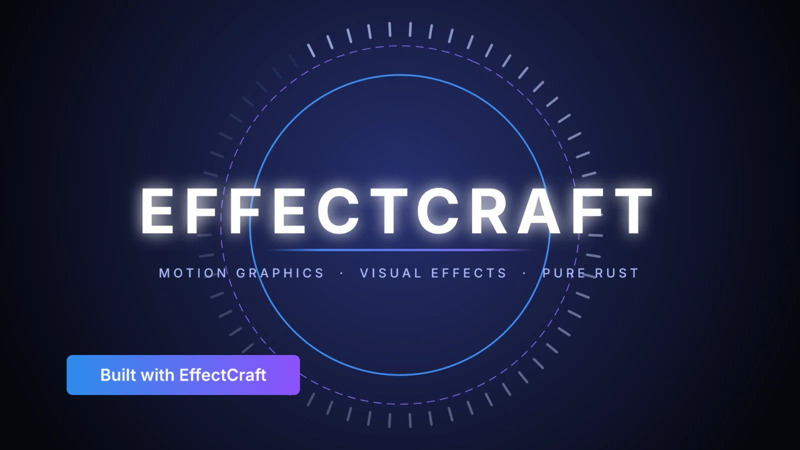 EffectCraft render of its demo intro at 6 seconds: the glowing EFFECTCRAFT title, a tagline, dashed orbit rings, tick marks and a Built with EffectCraft lower third on a deep blue gradient