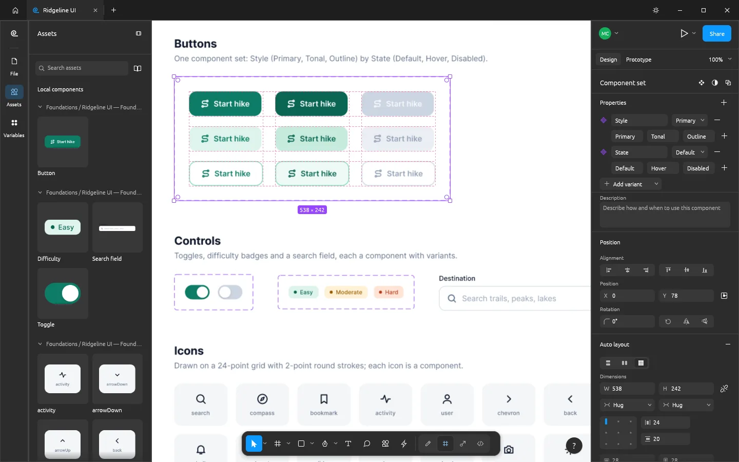 FigCraft Assets panel with Button, Toggle and Search field components, and a Button component set of nine variants in a three by three grid