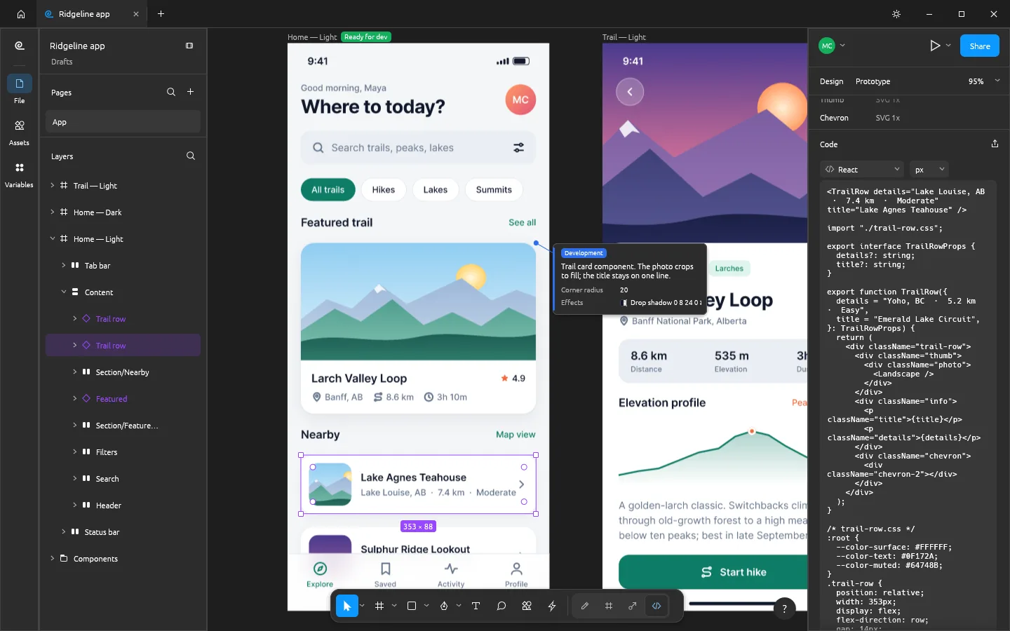 FigCraft Dev Mode with a Ready for dev badge, an annotation callout and the Inspect panel showing generated React code for a trail row component