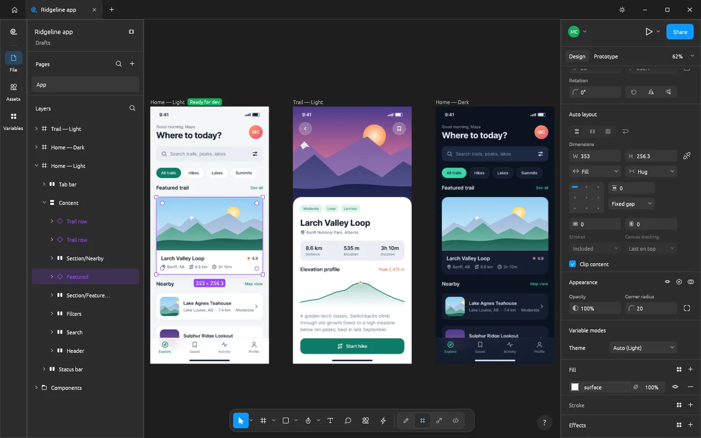 FigCraft in its dark theme with three phone screens of a hiking app on the canvas, the Layers panel showing the auto layout tree and the Design panel showing Fill and Hug sizing and a colour variable