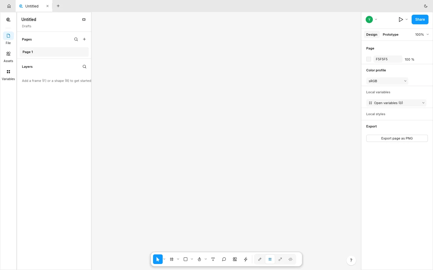 FigCraft online on a blank page with the Layers panel, the Design panel and the bottom toolbar