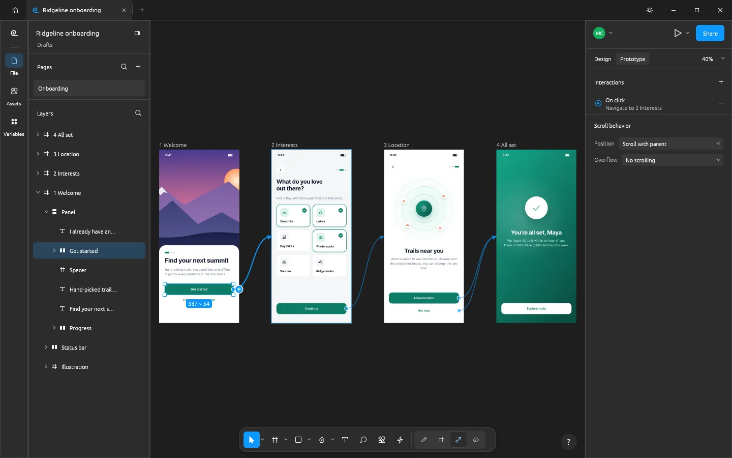 FigCraft Prototype tab with four onboarding screens joined by blue connection arrows and an On click, Navigate to interaction