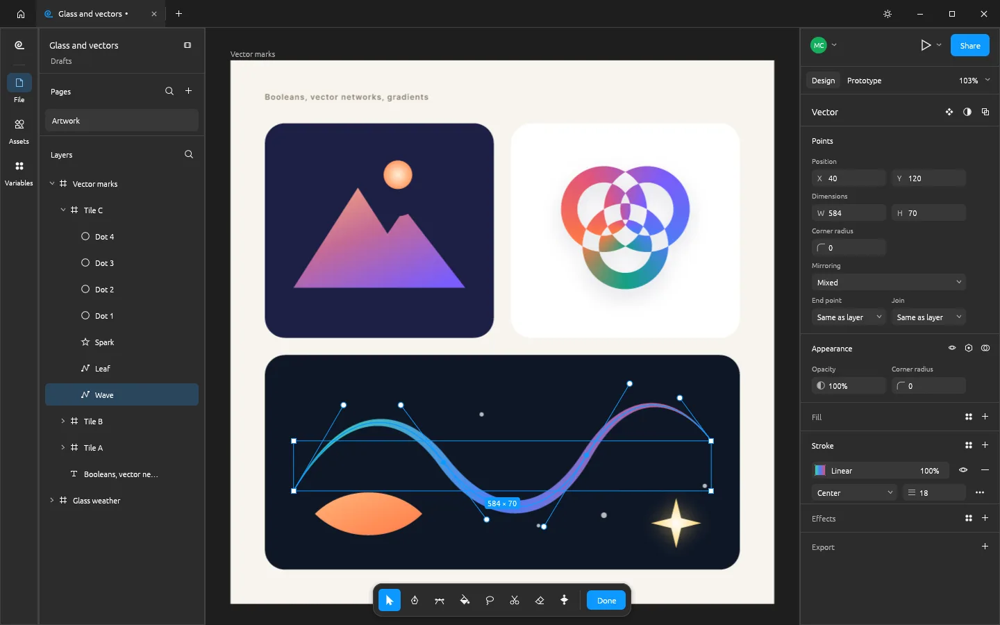 FigCraft vector edit mode on a wave path with a tapered gradient stroke, showing anchor points and Bezier handles
