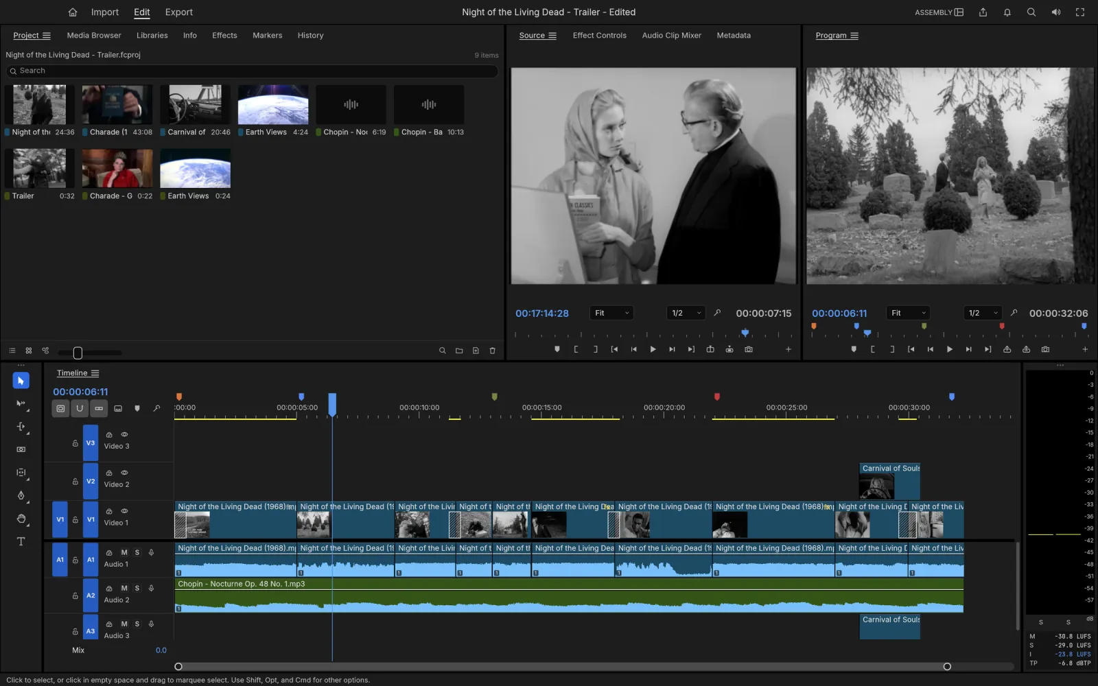 FilmCraft's Assembly workspace: bins of film thumbnails, Carnival of Souls in the Source monitor, a Night of the Living Dead shot in the Program monitor and a trailer on a three-track timeline