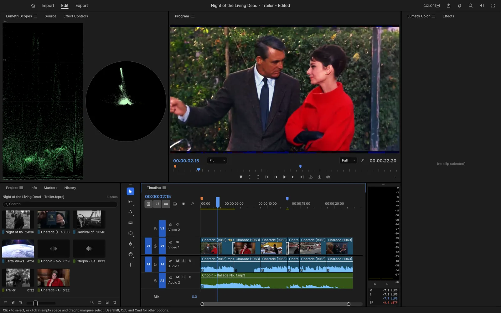 FilmCraft's Color workspace on Charade (1963): Cary Grant and Audrey Hepburn in the Program monitor with the waveform and vectorscope beside it
