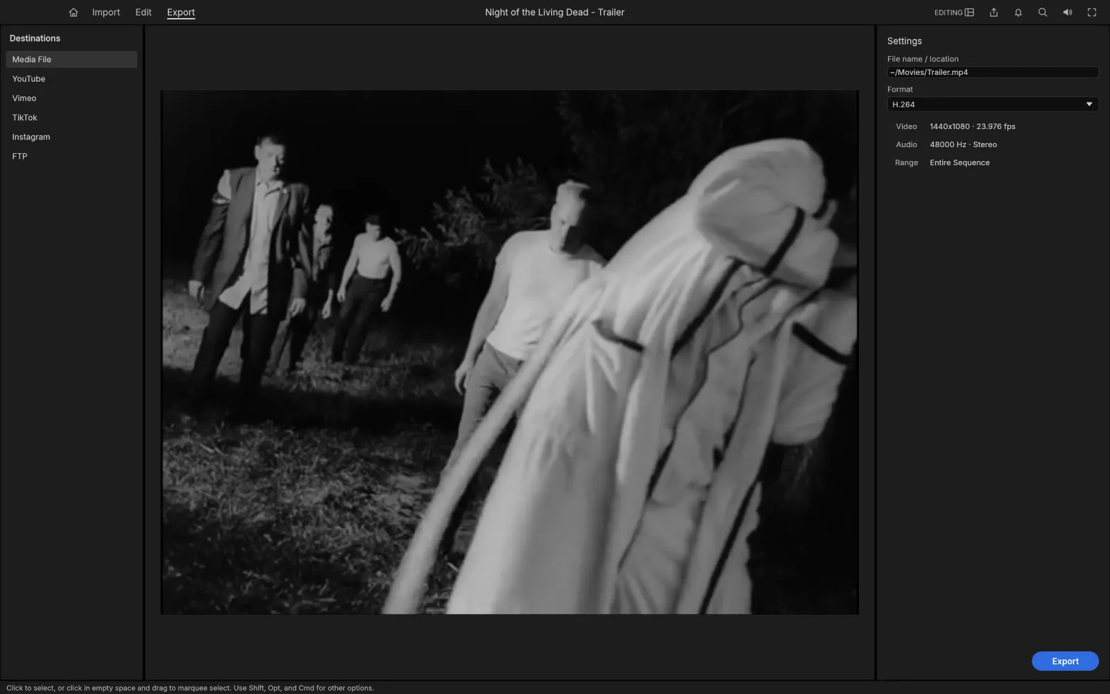 FilmCraft Export mode with destinations on the left, a Night of the Living Dead frame in the preview and H.264 settings on the right