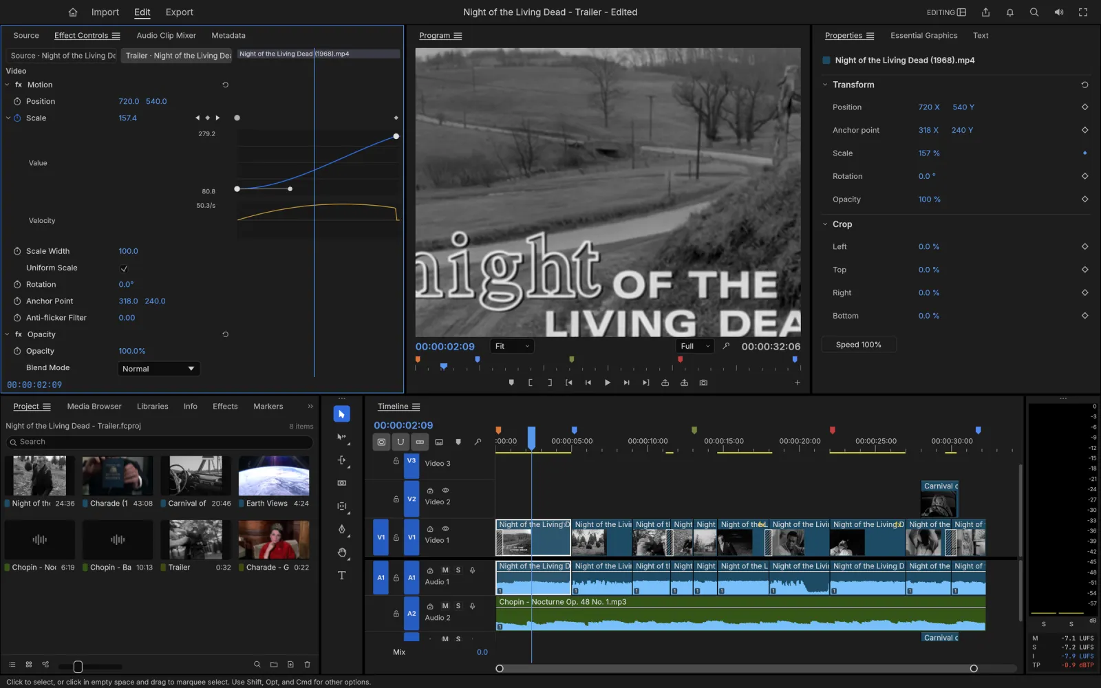 FilmCraft Effect Controls with the value and velocity graphs of an eased Scale push-in on the Night of the Living Dead title card