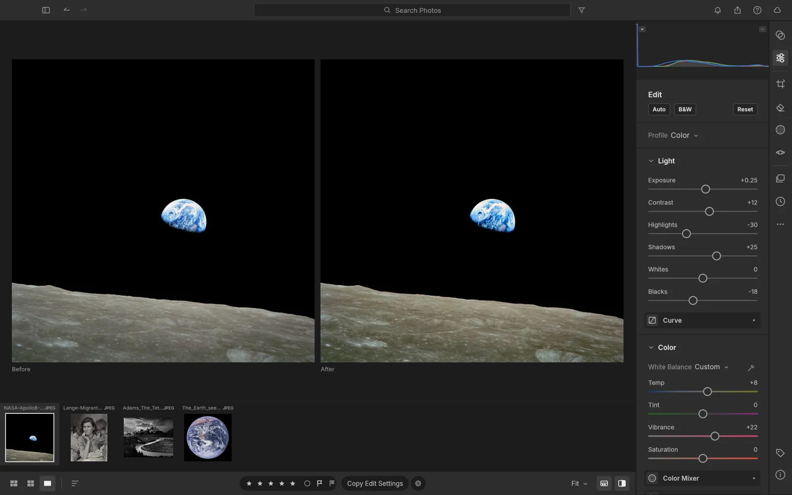 Side-by-side before and after of Earthrise in LightCraft: the Earth over the lunar horizon, the after slightly warmer and richer