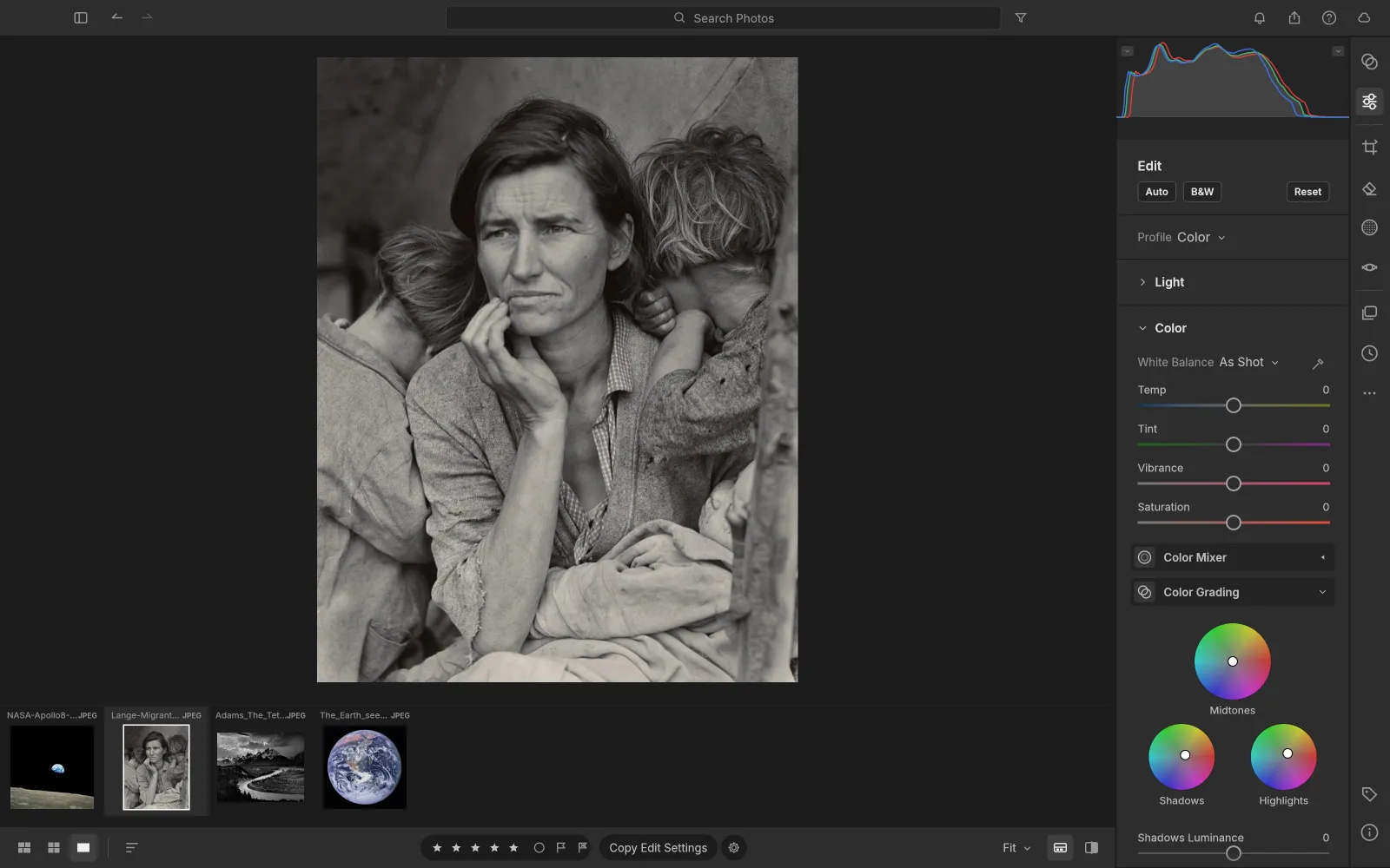 LightCraft's Color Grading wheels for shadows, midtones and highlights next to Dorothea Lange's Migrant Mother, toned warm like a print