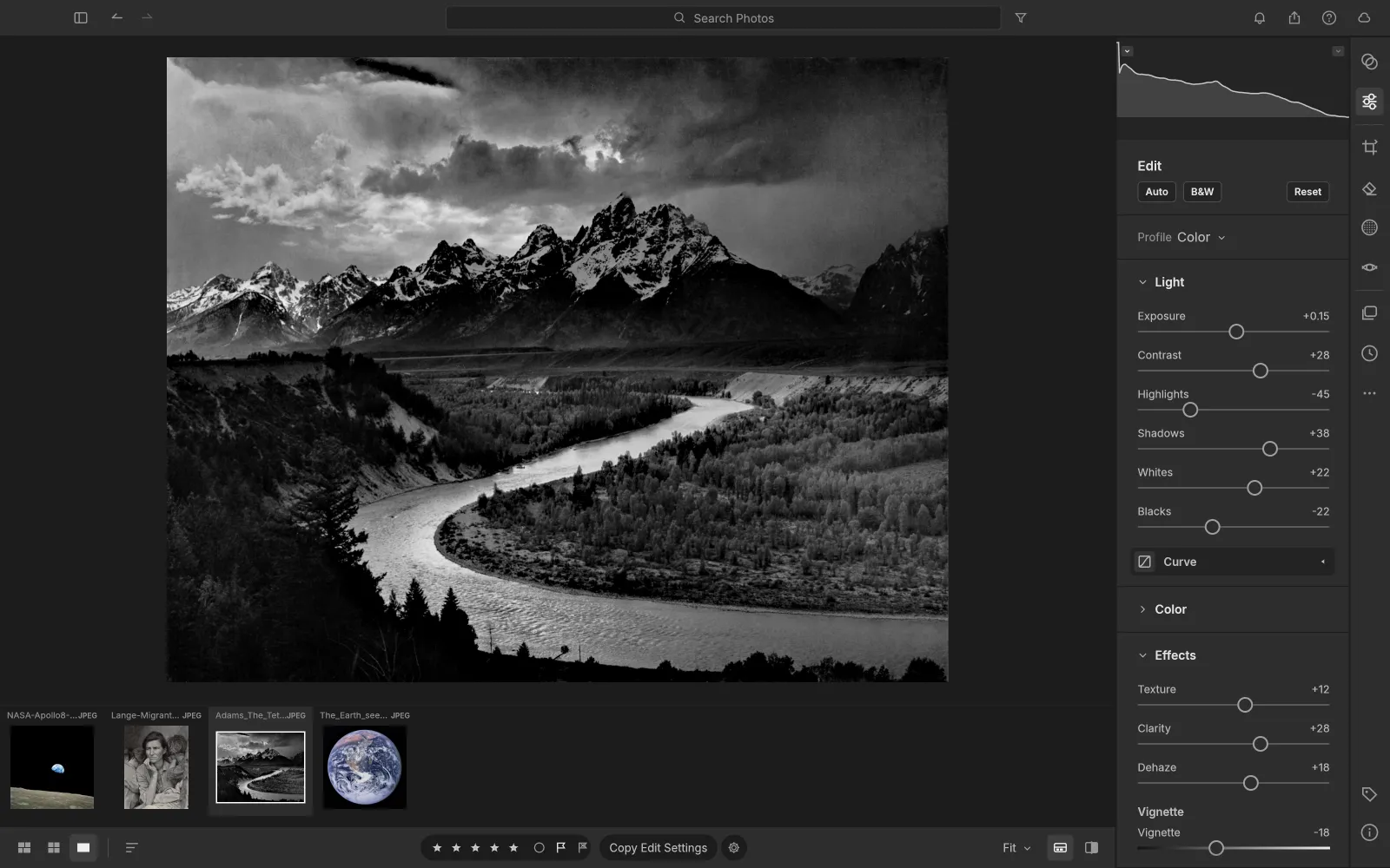 LightCraft's Edit view with Ansel Adams' The Tetons and the Snake River in the loupe, the Light and Effects panels open on the right and showcase photos in the filmstrip