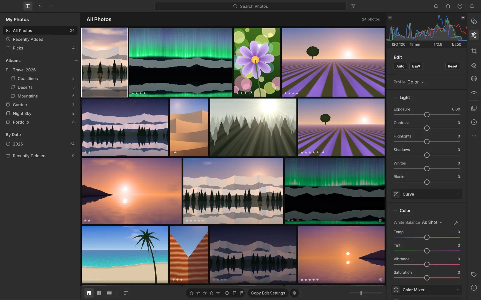 LightCraft justified Photo Grid of demo photos with ratings and flags, and a sidebar of nested albums in a folder