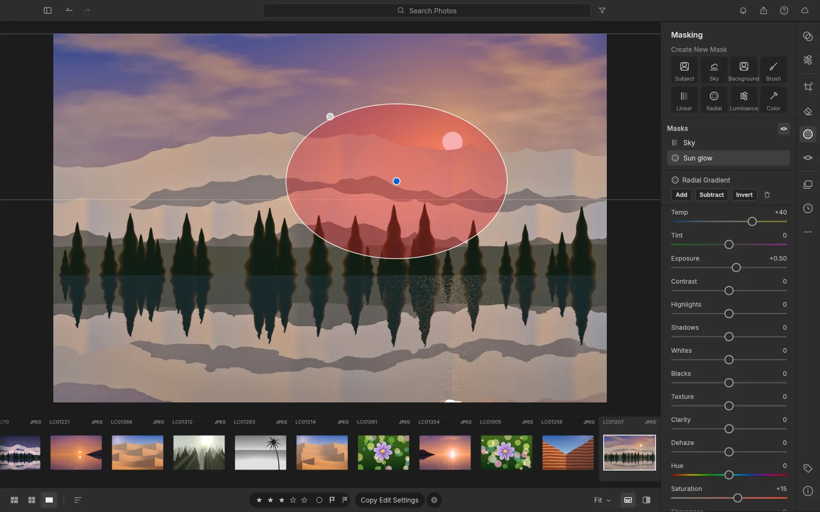 LightCraft Masking panel with a linear Sky mask and a radial Sun glow mask drawn as a red overlay around the sun on a lake scene