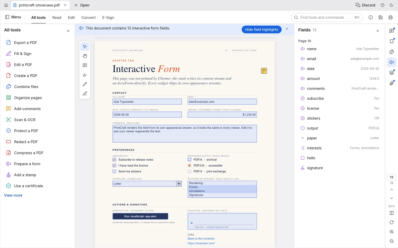 An interactive form page in PdfCraft with text fields, checkboxes and radio buttons highlighted, and the Fields panel listing 13 fields
