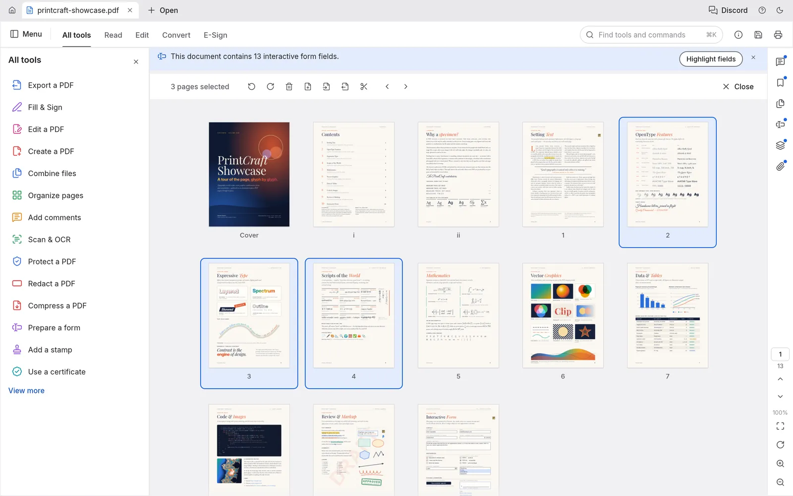 The PdfCraft Organize pages grid with three pages of the showcase selected and the page tools above
