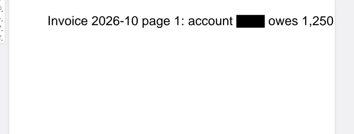 The same invoice line after Redact all in PdfCraft: a solid black box where the account number was