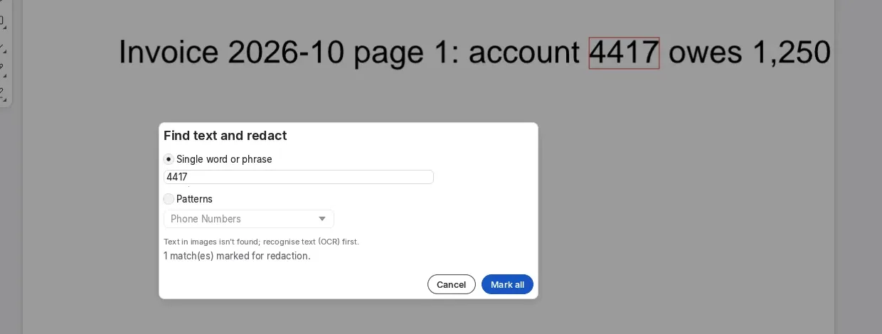 PdfCraft Find text and redact dialog with 4417 typed in, 1 match marked for redaction, and the number outlined on the invoice line