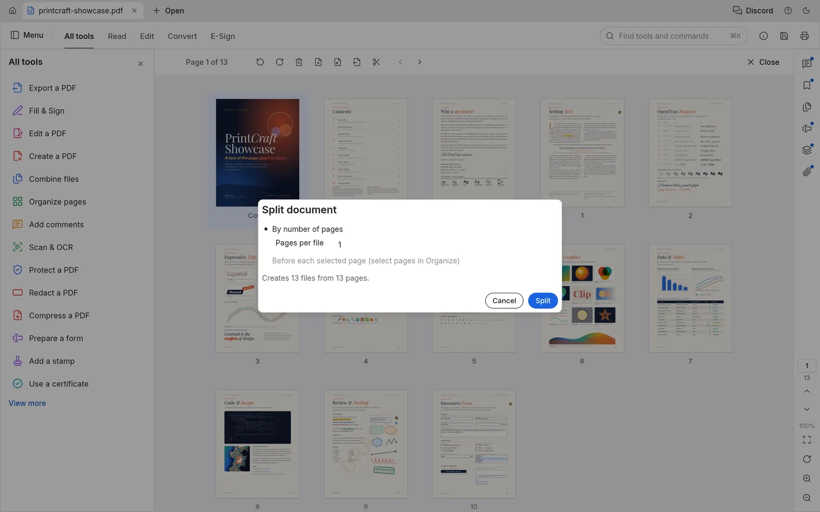 The PdfCraft Split document dialog set to one page per file, which creates 13 files from 13 pages