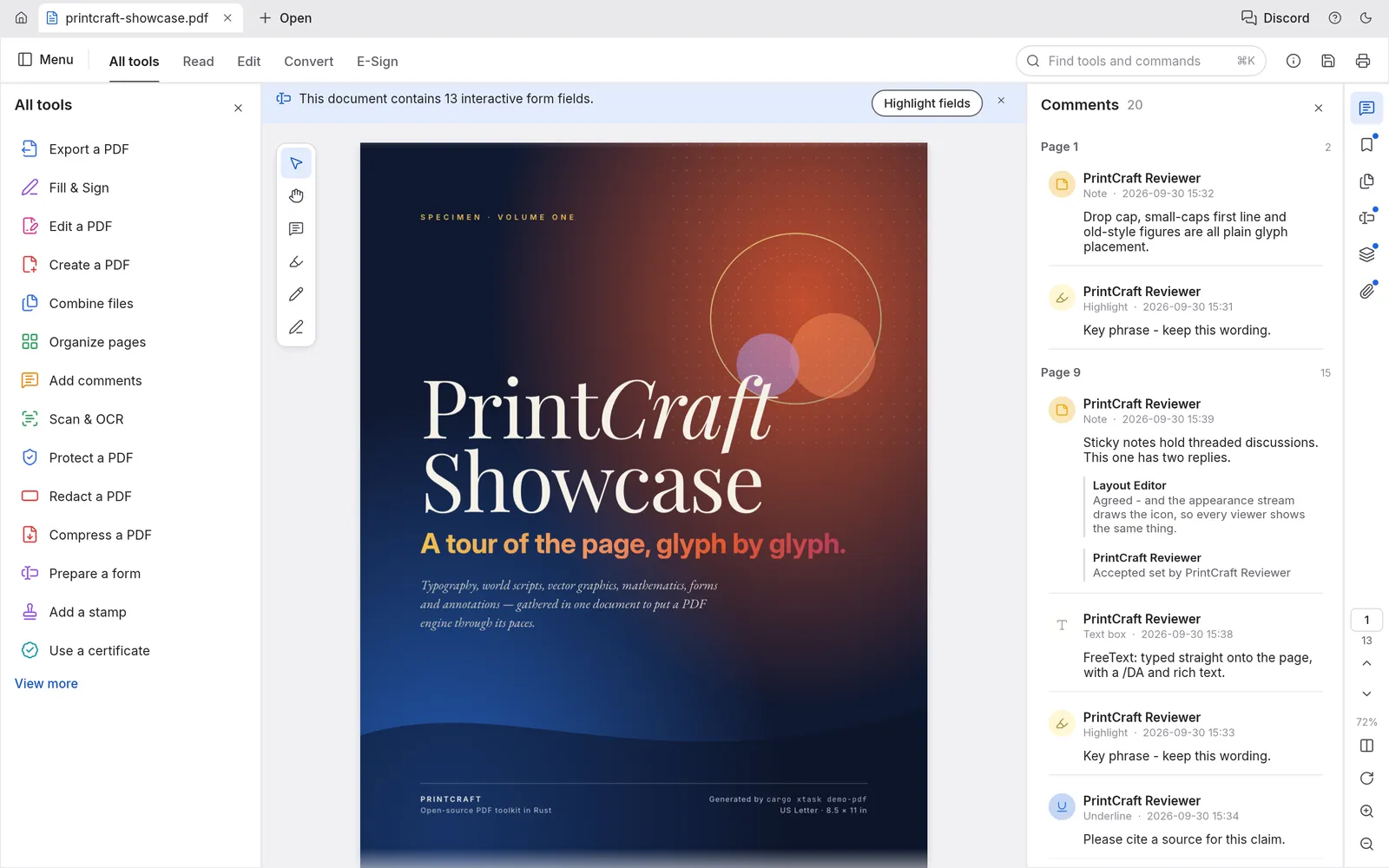 PdfCraft showing the cover of the PdfCraft Showcase PDF, with the All tools list on the left and threaded comments on the right