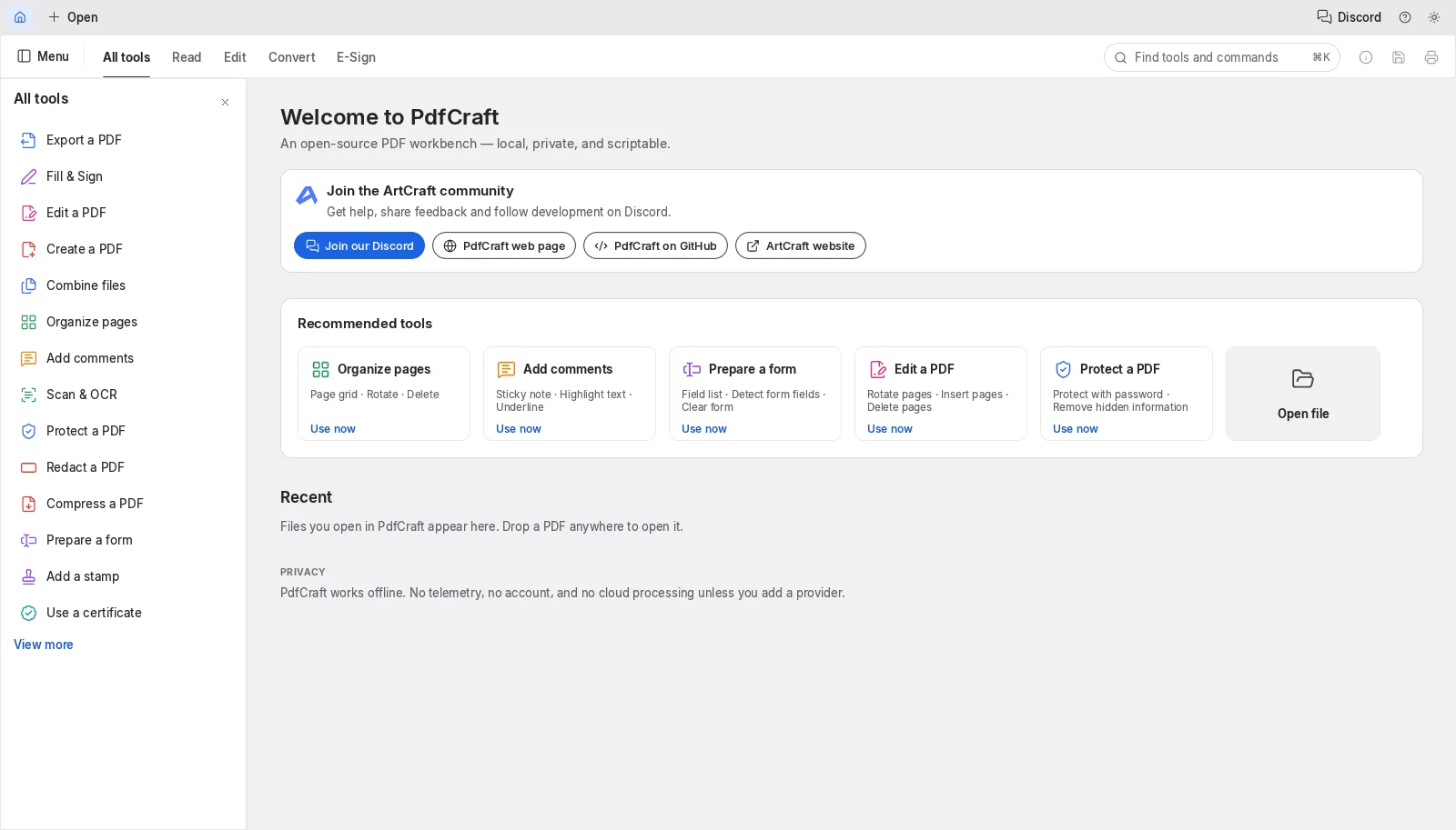 The PdfCraft welcome screen: the All tools list, recommended tools and an Open file button, with a note that it works offline with no telemetry