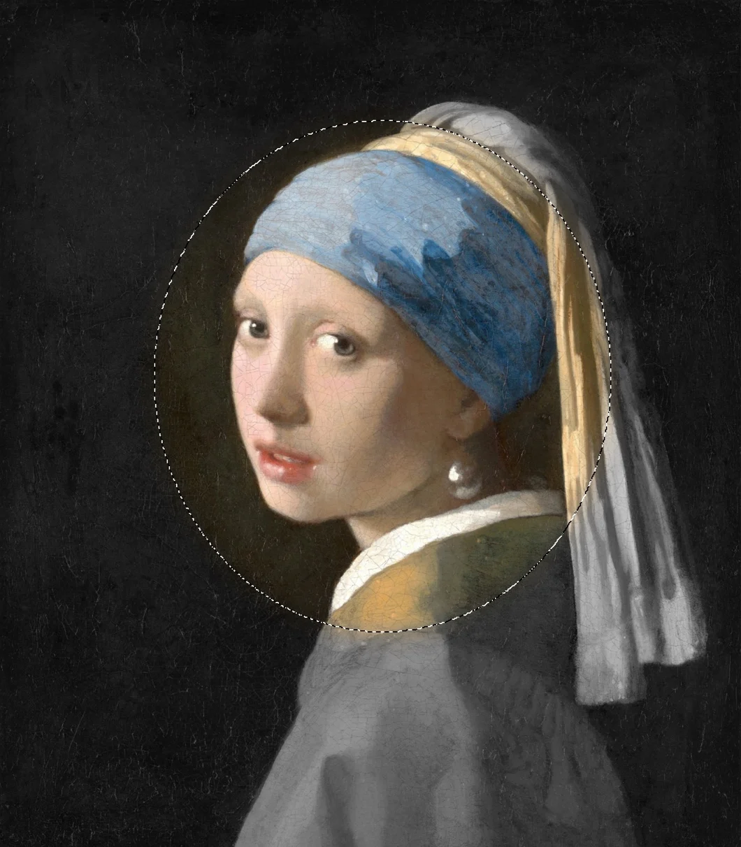 Vermeer's Girl with a Pearl Earring with an elliptical selection: only the face keeps its color