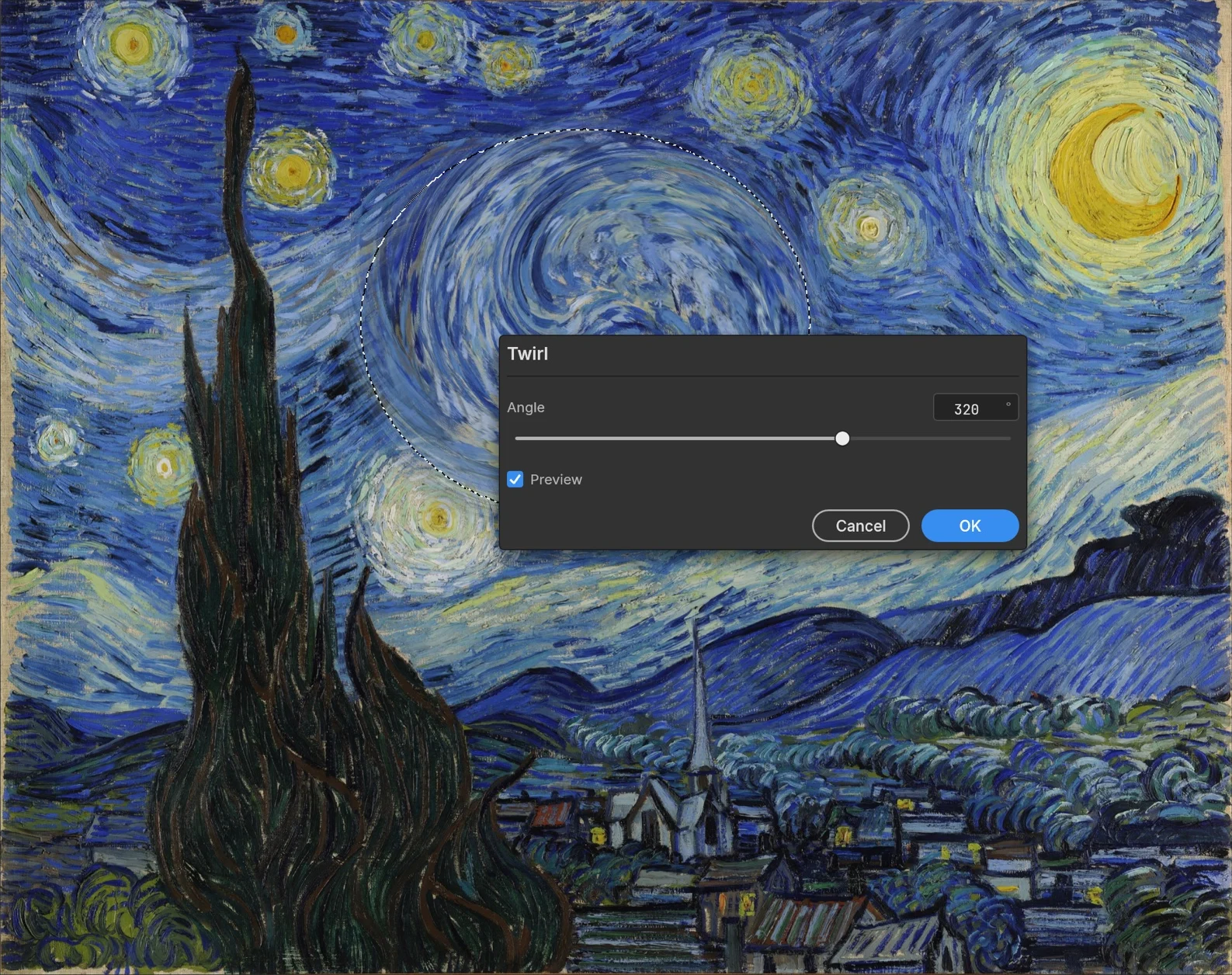 Van Gogh's The Starry Night with a Twirl filter previewing inside a round selection