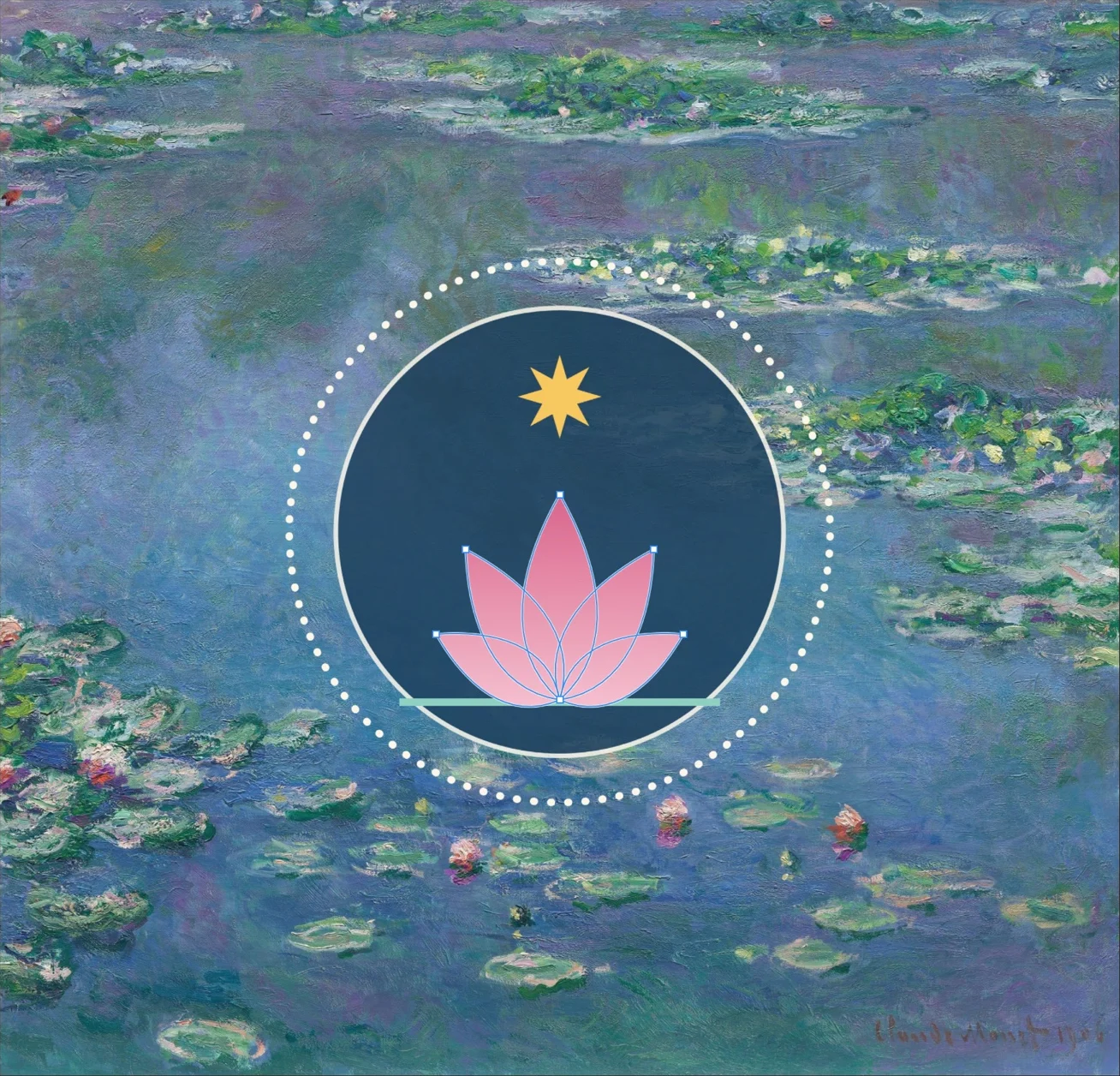 Monet's Water Lilies with a lotus badge built from shape layers, its anchor points selected