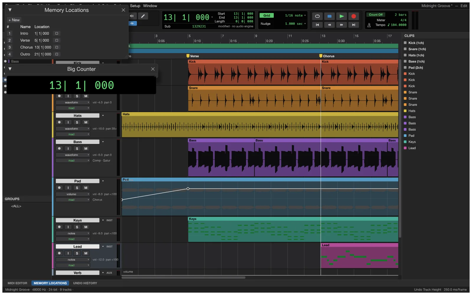 The SoundCraft Edit window with volume automation drawn on the Pad track and the Memory Locations and Big Counter windows open