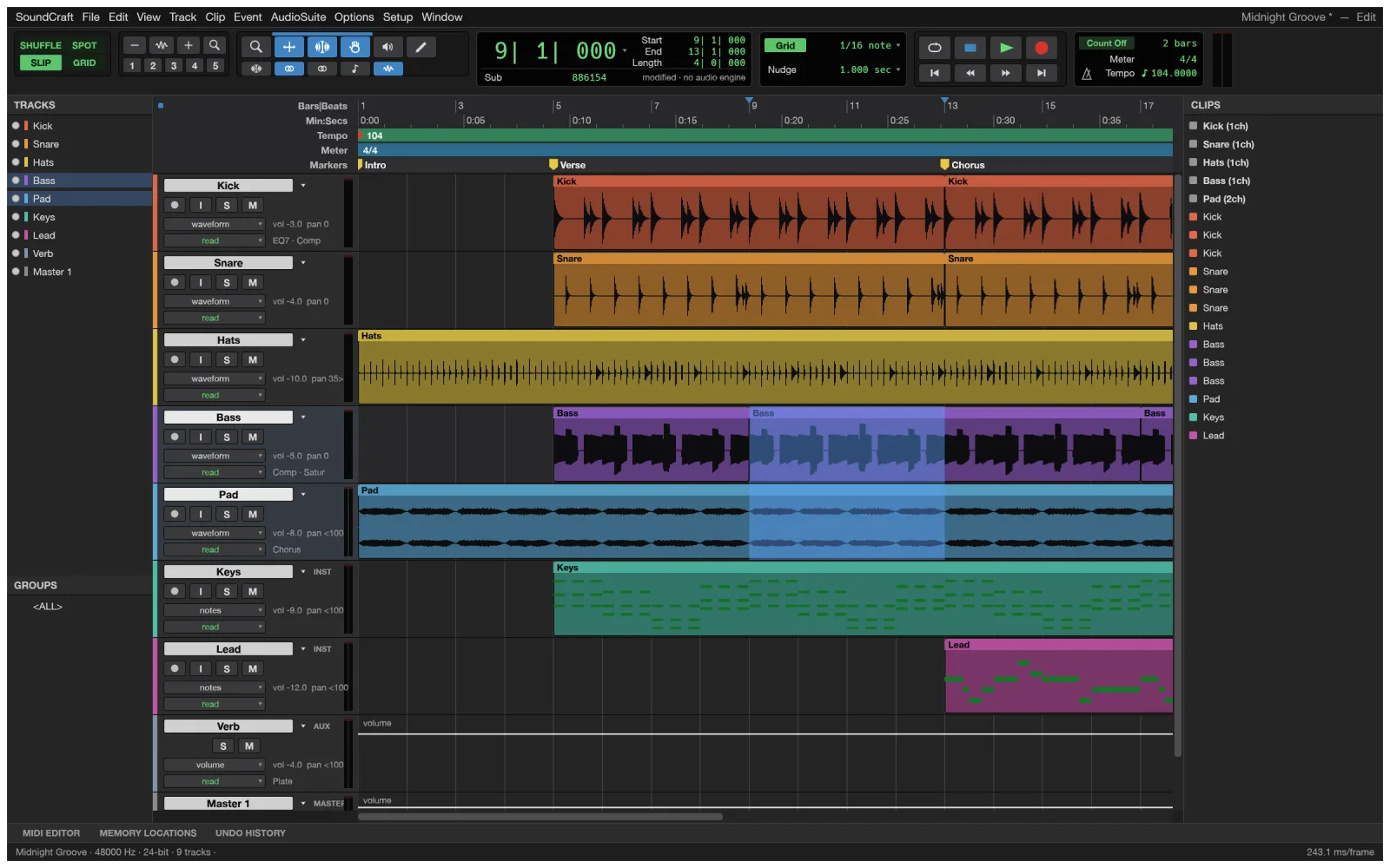 The SoundCraft DAW Edit window with a nine-track session: drums, bass, pad, keys and lead, a reverb aux and a master fader