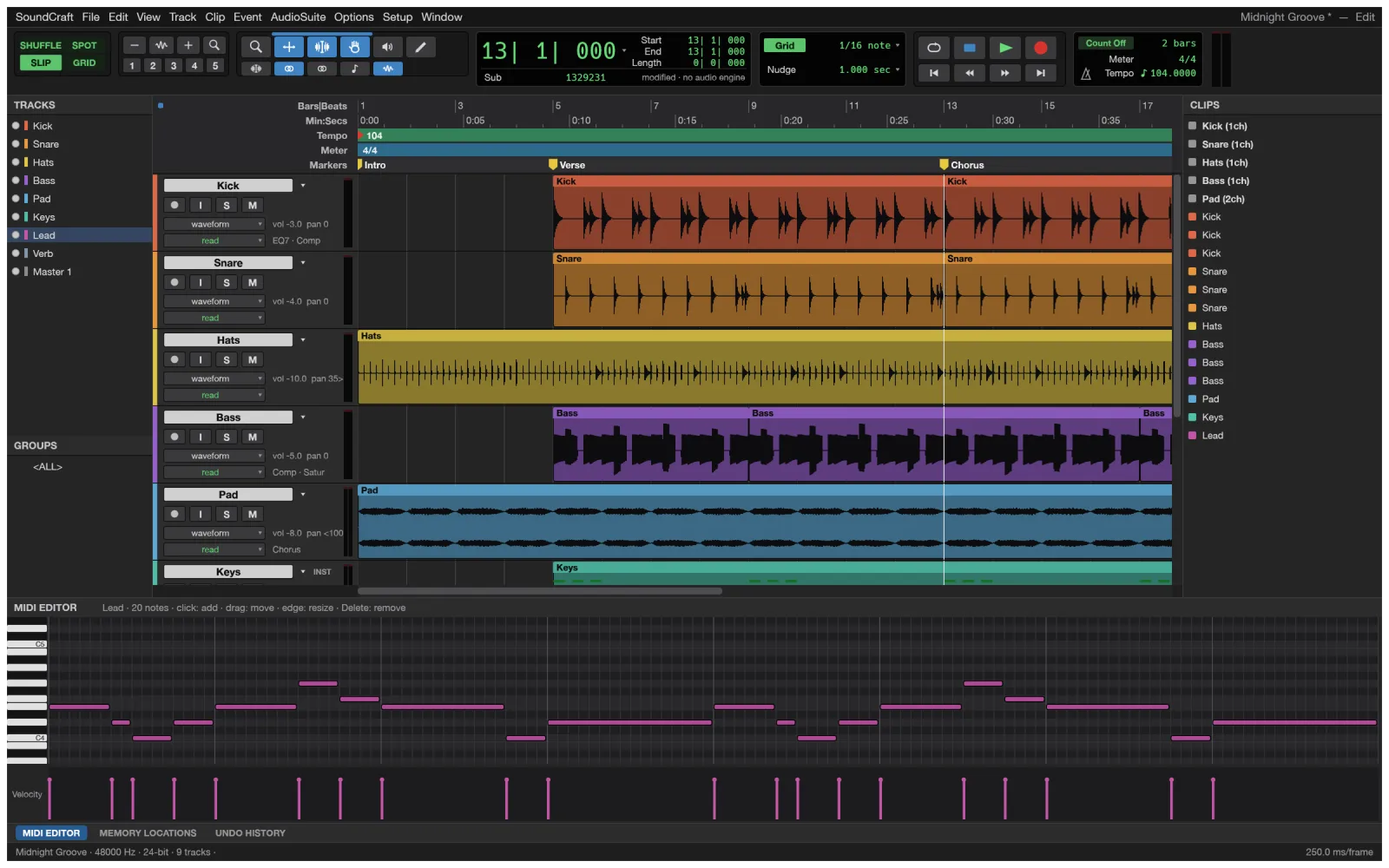 The SoundCraft MIDI editor showing a lead melody as a piano roll with a velocity lane