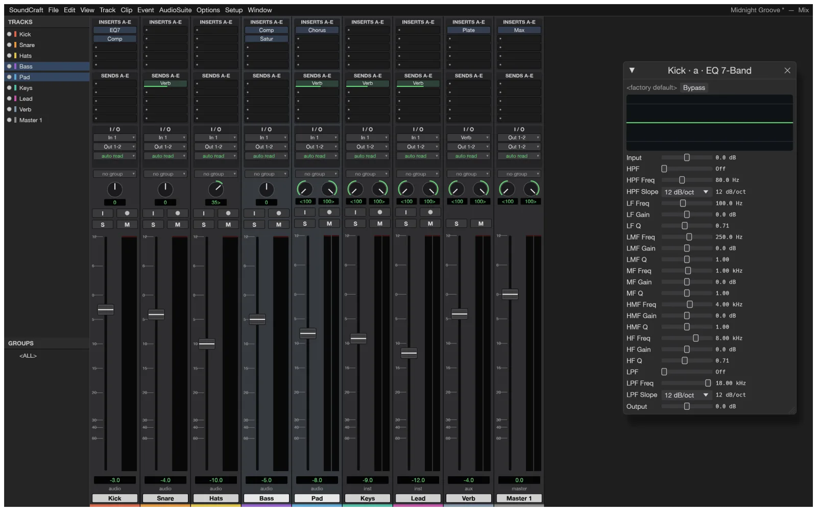 The SoundCraft DAW Mix window with channel strips, inserts, sends, pan knobs, faders and meters, and an EQ plugin window open