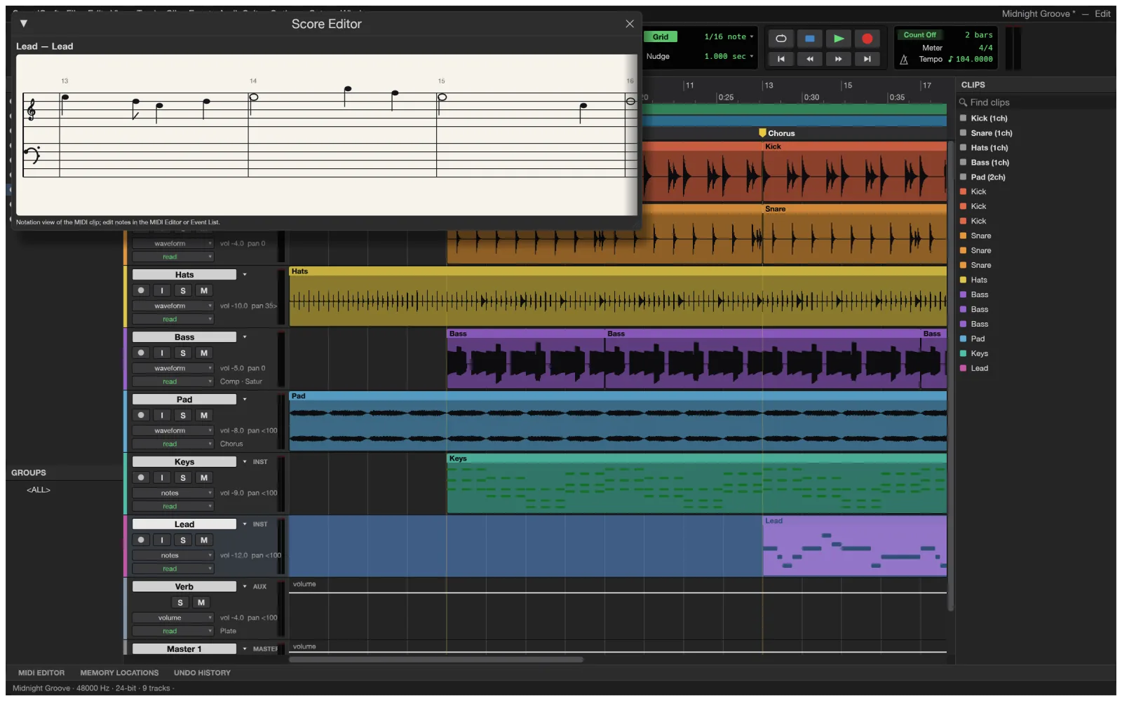 The SoundCraft Score Editor showing MIDI tracks as engraved notation