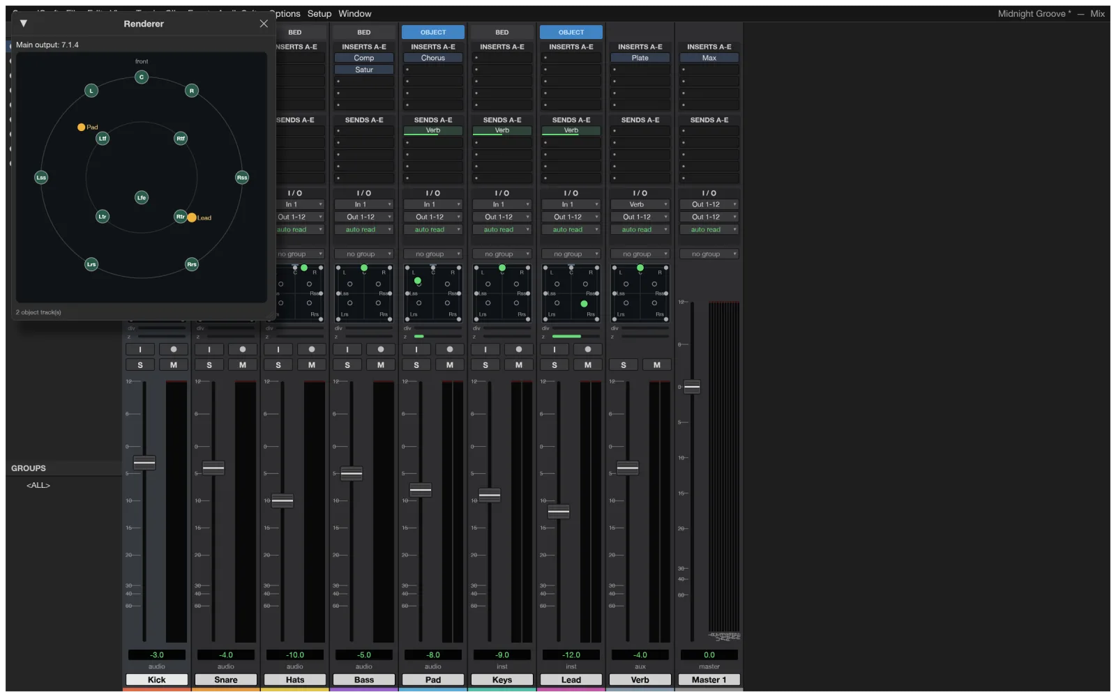 The SoundCraft Renderer window showing a 7.1.4 speaker layout with two object tracks, beside the Mix window with surround panners