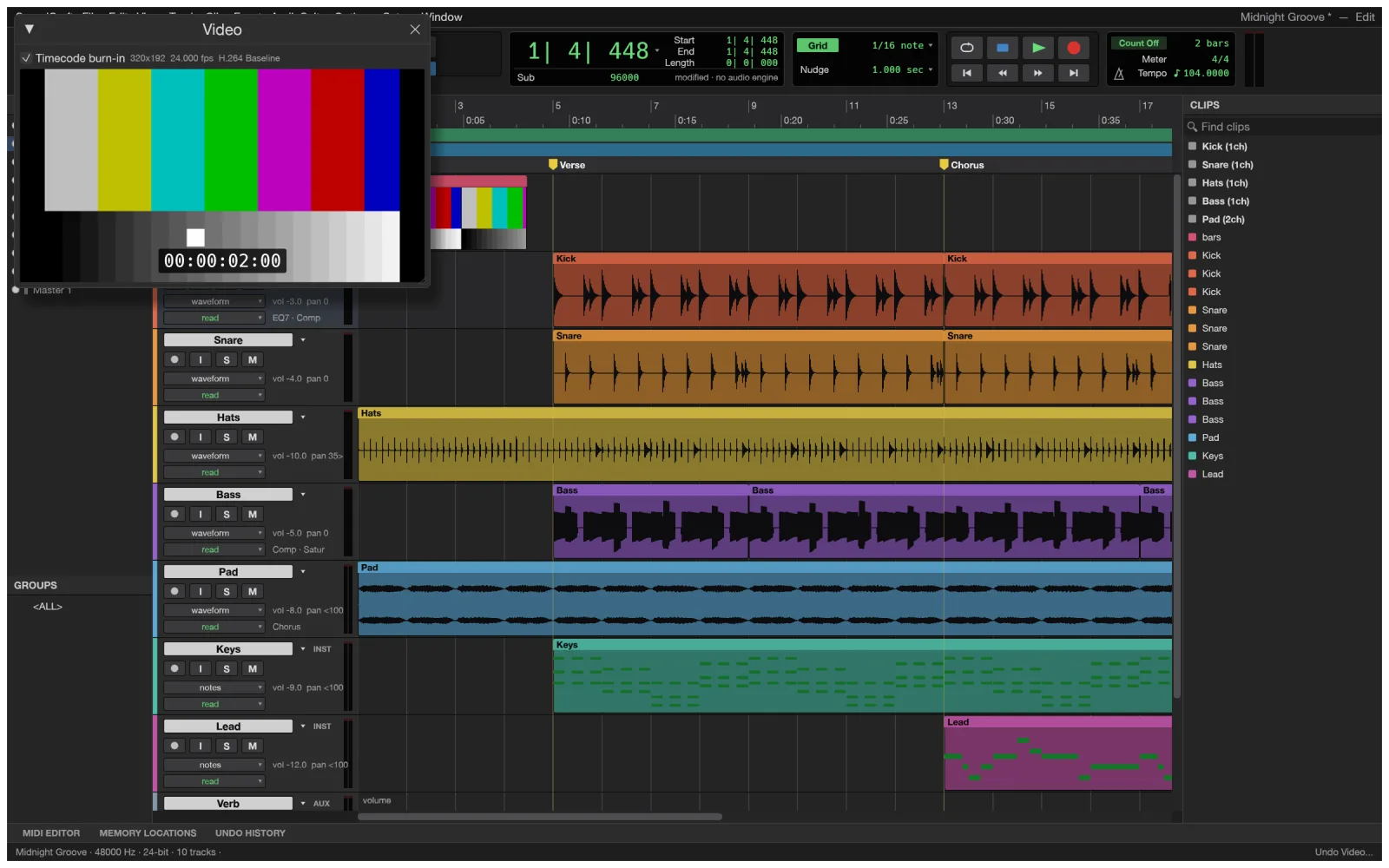 The SoundCraft Video window showing a colour-bar test movie with a timecode burn-in, above a Video track with thumbnails