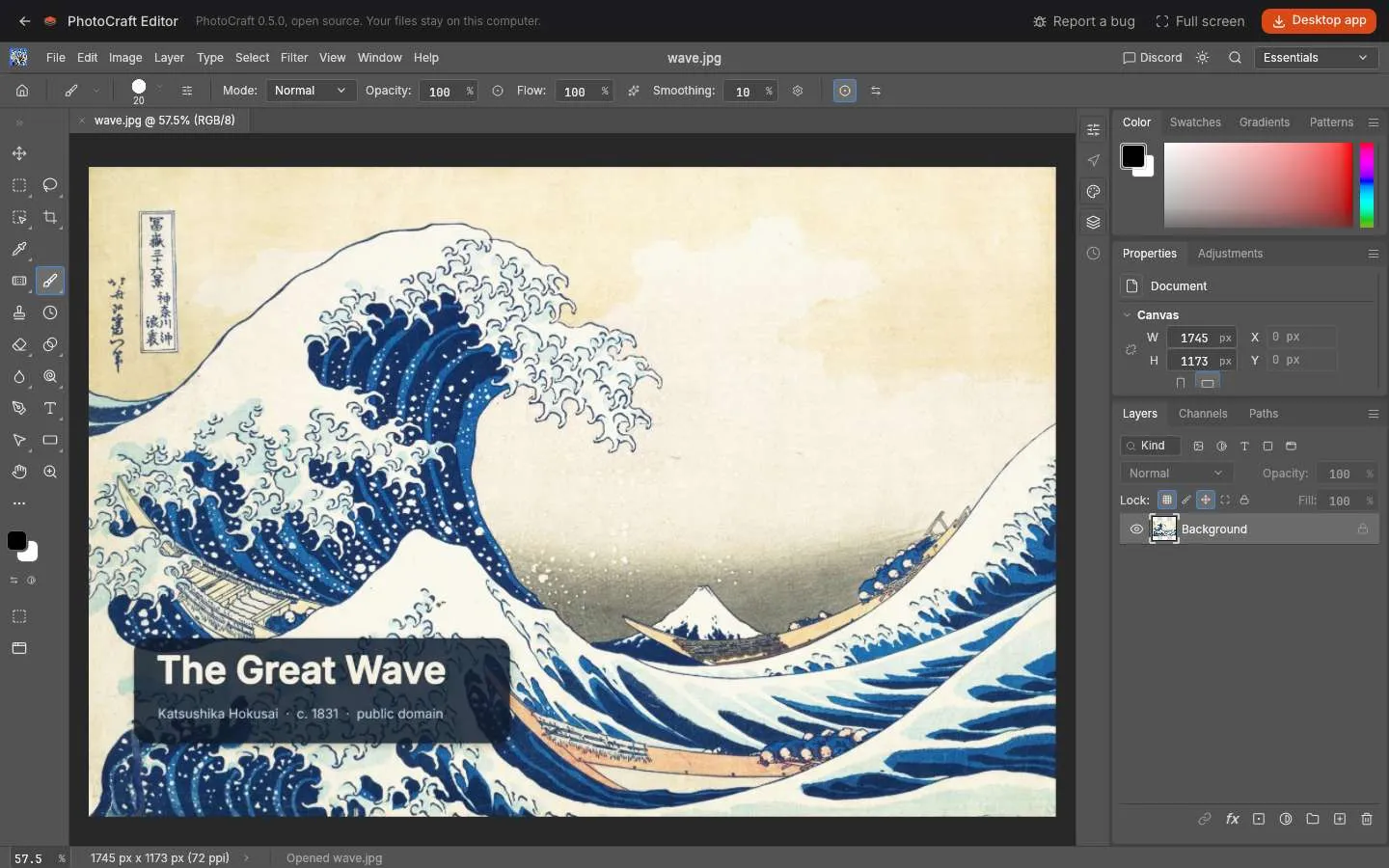 PhotoCraft in Chrome with the test photo, The Great Wave, open and the status bar reading Opened wave.jpg