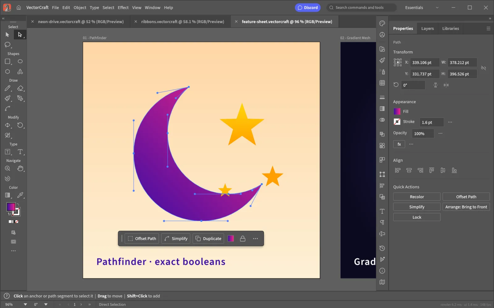 VectorCraft Direct Selection tool showing anchor points and Bezier handles on a crescent built with Pathfinder, with the contextual task bar below it